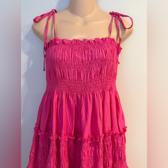 PINCH Anthropologie Rowdy Strappy Smocked Tiered Pink Sundress size S - Picture 3 of 7